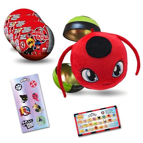 Miraculous Ladybug, Juguete Coleccionable cápsula 4-1, Lote de 3, Miraball Sorpresa: Kwami de Felpa elástica, Bola de Metal con imágenes de los Personajes, Pegatinas con Purpurina, Cinta para Colgar