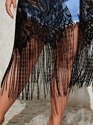 Women's Plus Size Lace Fringe Trim Swimsuit Cover Up Short Sleeve Open Front Kimono Beach Cardigan Swimwear4