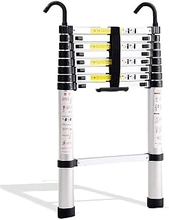 Foldable Attic Stairs Aluminum Telescopic Ladder Portable Extendable Ladder with 2 Detachable Roof Hooks Collapsible Ladder for Home Rv Loft Folding Ladder Loft Stair