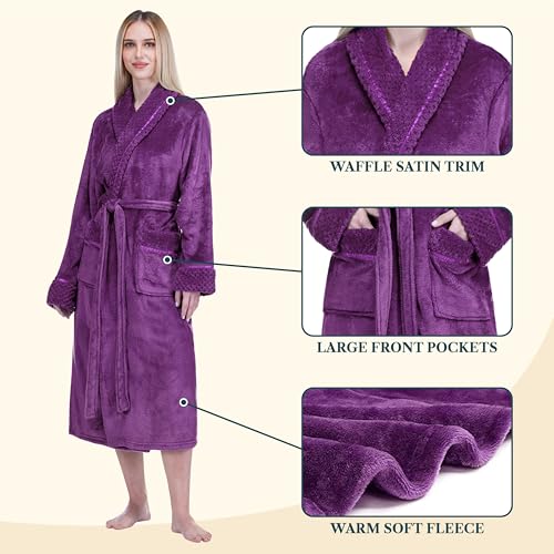 Image of PAVILIA Women's Plush Fleece Robe, Soft Cozy Long Bathrobe with Satin Waffle Trim, Warm Lightweight, Pockets & Tie Belt