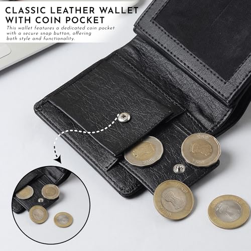 Image of VEMILIO Vegan Leather Wallet for Men & Women | 6 Card Slots | ID Window | Coin Pocket | 2 Hidden & 2 Currency Compartments | Durable Slim Bifold Purse (Black)