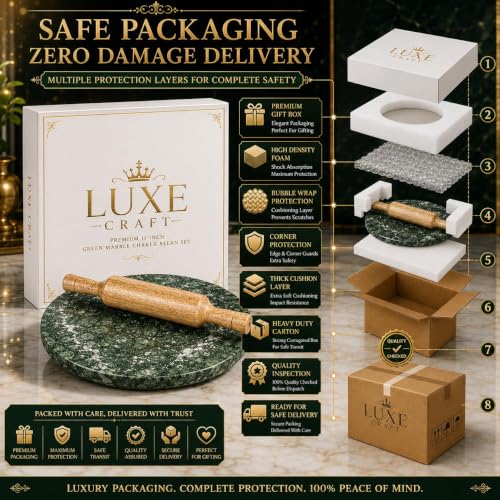 Image of Luxe Craft Green Marble Chakla Belan 11 Inch | Heavy Stone Roti Maker Board | Handmade Chapati Rolling Board for Kitchen | Premium Marble Roti Chakla for Chapati, Puri, Paratha & Baking Dough