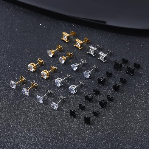 NEWITIN 12 Pairs Stainless Steel Stud Earrings for Men Hypoallergenic Earring Unisex Studs Inlaid Cubic Zirconia Men Earrings Hoop CZ Stud Earring Set for Women3