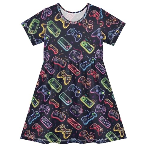 Gaming Console Pattern Girls Short Sleeve Dress Casual A Line Twirly Skater Dresses