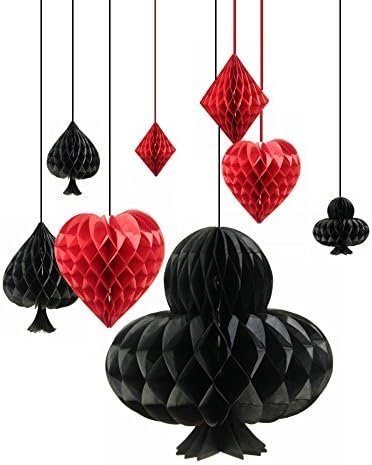 SUNBEAUTY Casino Honeycomb Balls Las Vegas Party Night Party Decorations Hanging Honeycomb Balls for Casino Magic Themed Birthday Backdrop Decoration Red Black 4pcs