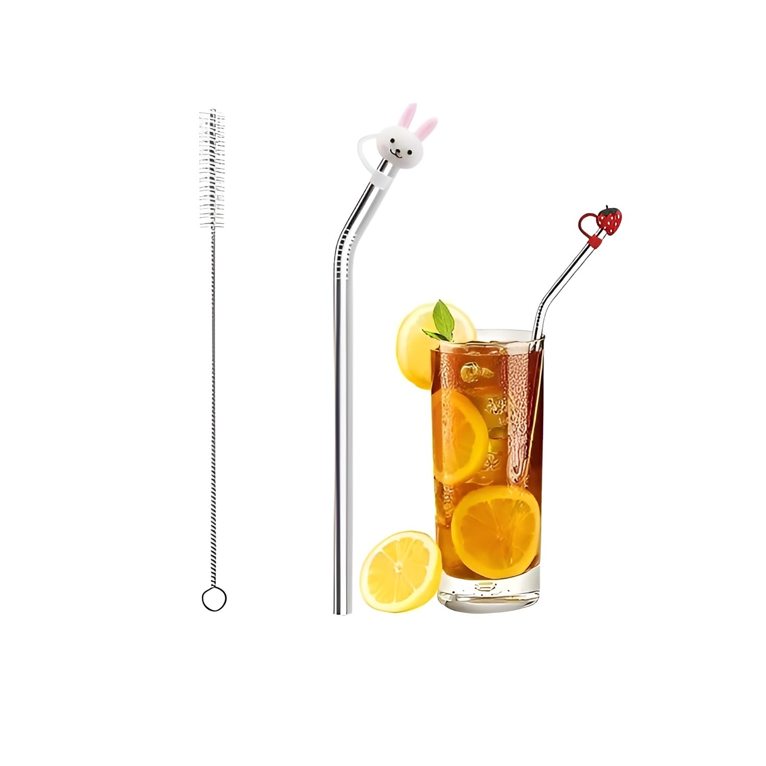 Mshine Reusable Bent Stainless Steel Straw Set with Cute Multi-Design Silicone Straw Cap – Metal Drinking Straw with Cleaning Brush for Kids & Adults – (1 Set)-image-0