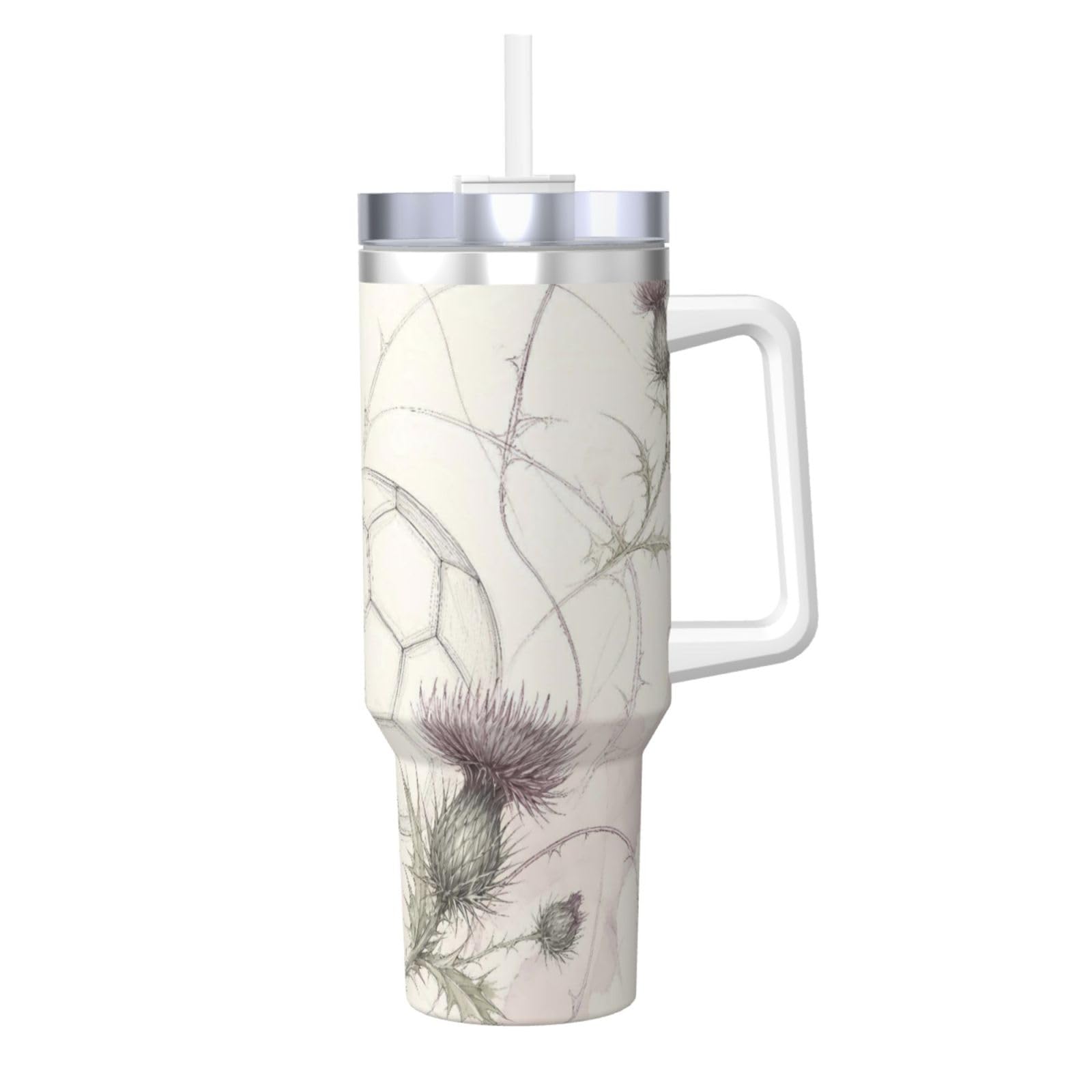 Taza de viaje Thistle Sketch Soccer, vaso aislado de 40 onzas con asa y pajilla para regalo