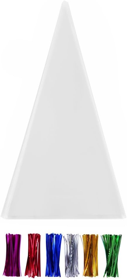 200 Transparent Cone Cello Bags with Twist Ties 6 Mix Colors - 1.4mils Thickness OPP Plastic Bags