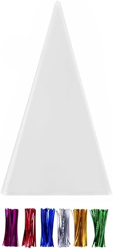 200 bolsas de celofán de cono transparente con lazos giratorios, 6 colores mezclados, bolsas de plástico OPP de 1.4 mils de grosor