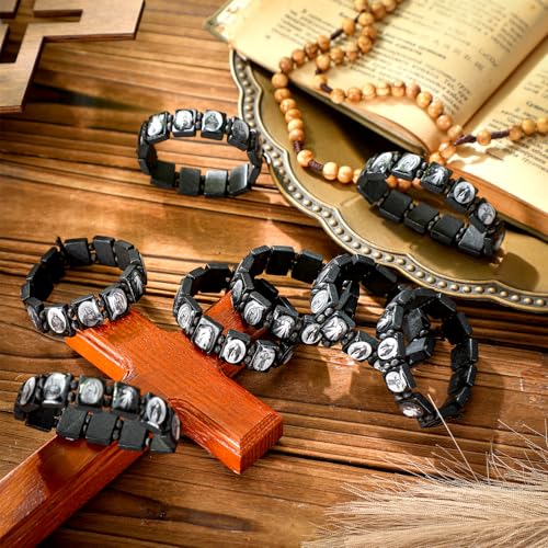12 Pcs Devotional Catholic Religious Wood Stretch Bracelets Wooden Jesus Virgin Mary Bracelets with Images of Christian Saints Rosary Religious Saints Jesus Gift for Women Men2