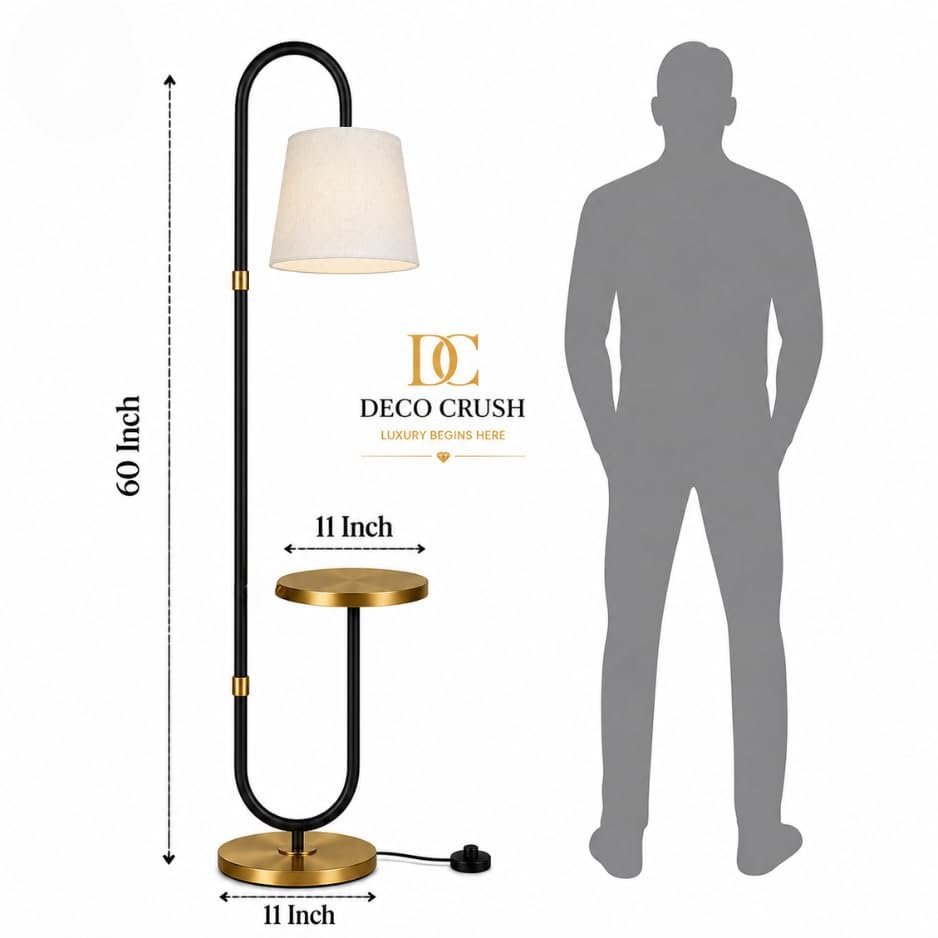 Image of Deco Crush Modern Floor Lamp with Built-in Side Table, Tall Standing Reading Lamp with Fabric Shade, Metal Floor Light for Living Room, Bedroom, Office, Study and Home Decor