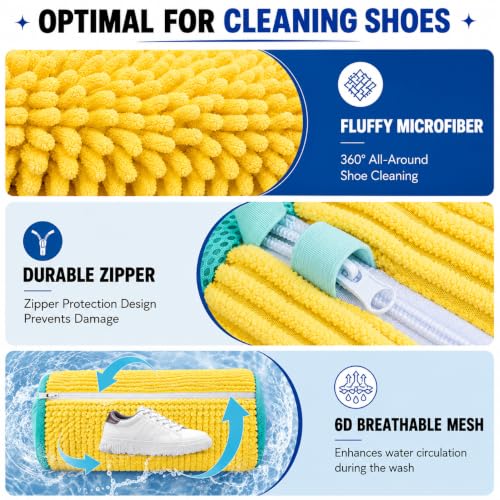 Image of LAXIS Shoe Washing Machine Bag to Wash Shoes in Washing Machine Shoe Laundry Bags for Sneakers, Reusable Shoe Cleaning Bag for All Shoe Sizes Fluffy Fiber with Side Zip - Yellow