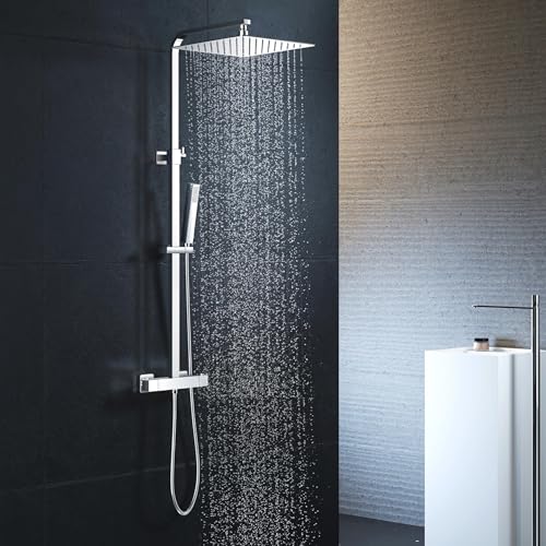 YOOZENA Duscharmatur mit thermostat, Duscharmatur Komplettset (Kopfbrause aus 304# Edelstahl,Duschkopf mit Schlauch und Halterung) Duschsystem Eckig,Regendusche mit armatur, Chrom