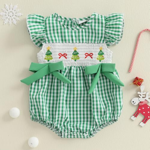 My 1st Baby Girl Christmas Outfit Smocked Baby Girl Clothes Santa Claus Short Sleeve Bubble Romper Winter Bodysuits2