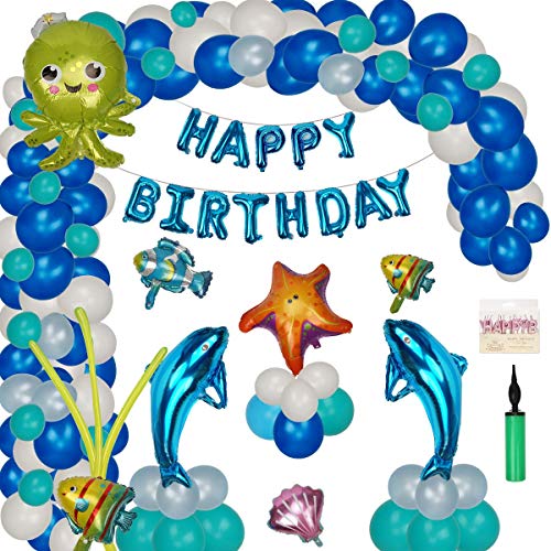 Herefun 67 Pezzi Decorazioni Palloncini per Feste di Oceano Delfino, Compleanno Blu Bianca Palloncini Mare Animale, Buon Compleanno Banner, Baby Shower & Matrimonio & Compleanno per Bambini Ragazzo