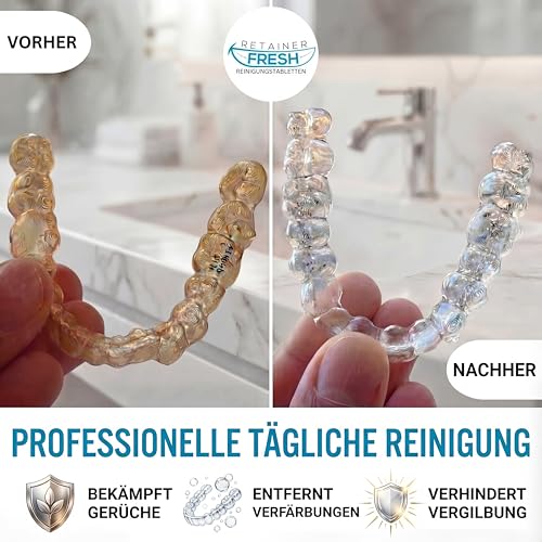 Retainer Fresh Zahnschiene Reinigungstabletten - Zahnspangenreiniger für Retainer, Aligner, Knirscherschiene und Aufbissschiene - Reinigt in 5 Minuten - 120 Stück