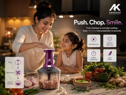 Image of Manual Food Chopper with 6 Stainless Steel Blades | Multipurpose Food Processor for Onion, Garlic, Tomato, Nuts & Herbs | 1100 ml Large Capacity Vegetable & Fruit Chopper