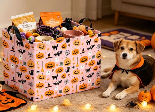 Image of Rectangle Storage Basket with Handles,Collapsible Storage Bin,Books Box,Gift Basket(Pink Cat Halloween)