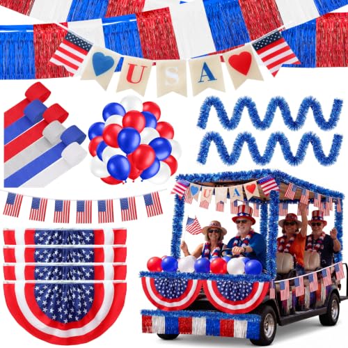Crowye 122 Pcs 4th of July Parade Float Decorations Kit 250th Patrioticgolf Cart Trailer Float Decor Set Independence Day Party Supplies with Banners Fringe Curtains Streamers for Celebration