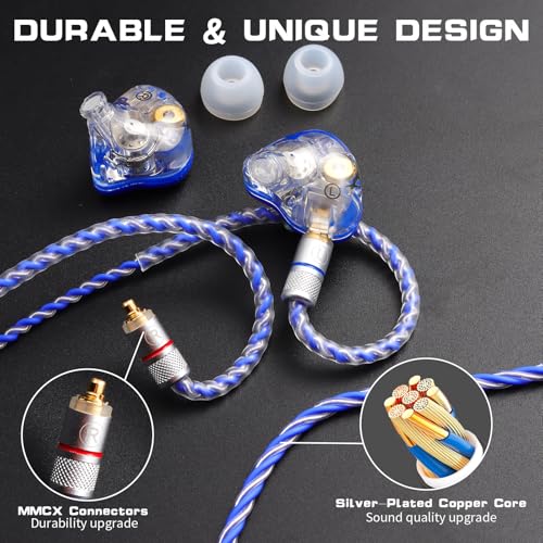 Image of DEMAKE in-Ear Monitor with Detachable Silver-Plated,no mic | HiFi IEM, Tesla Dual Dynamic Driver Wired Earbuds, Noise-Isolating In-Ear Headphones for Singers & Audiophiles (Blue & Clear)