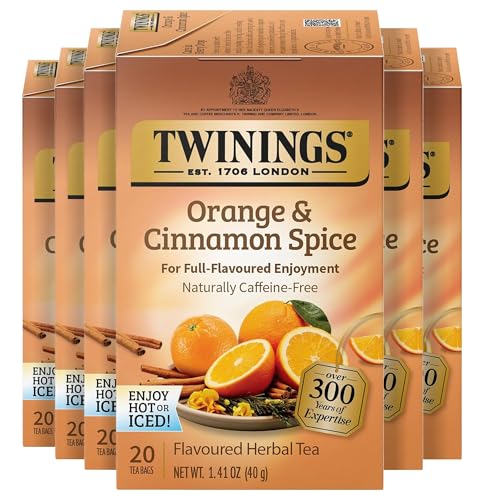 Twinings Orange &amp; Cinnamon Spice Herbal Tea Individually Wrapped Bags, 20 Count (Pack of 6), Naturally Caffeine-Free, Enjoy Hot or Iced, 120 Teabags