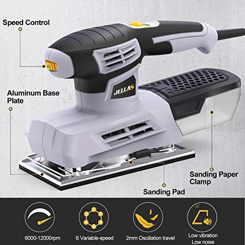 Jellas Sander, 220W 1/3 Sheet Sander, 12000RPM 6 Variable Speeds Electric Sander for Wood with Dust Collection Box, 12Pcs Sanding Sheets, Fast Paper Clamping Mechanism 2 Jellas Sander, 220W 1/3 Sheet Sander, 12000RPM 6 Variable Speeds Electric Sander for Wood with Dust Collection Box, 12Pcs Sanding Sheets, Fast Paper Clamping Mechanism - Image 2