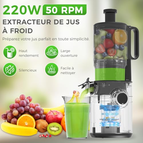 YASHE Extracteur de Jus à Froid, Slow Juicer avec Grande Ouverture 127 mm pour Fruits et Légumes Entiers, Presse à Froid 50 Tr/Min, Haut Rendement en Jus, Sans BPA, Facile à Nettoyer, Noir – vue 7