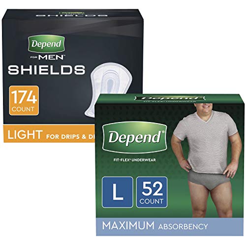 Depend Complete Protection Package: Fit-Flex Incontinence Underwear for Men (Size L, Grey, Maximum Absorbency, 52ct) & Incontinence Shields for Men (Light Absorbency, 174ct)