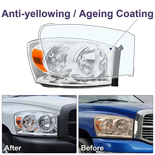 Bincmay Anti-Fogging Headlight Assembly Fit For 06 07 08 2006 2007 2008 Dodge Ram 1500, 06 07 08 09 2006 2007 2008 2009 Ram 2500/3500 Driver And Passenger Side (Chrome Housing Amber Reflector) #TOP4