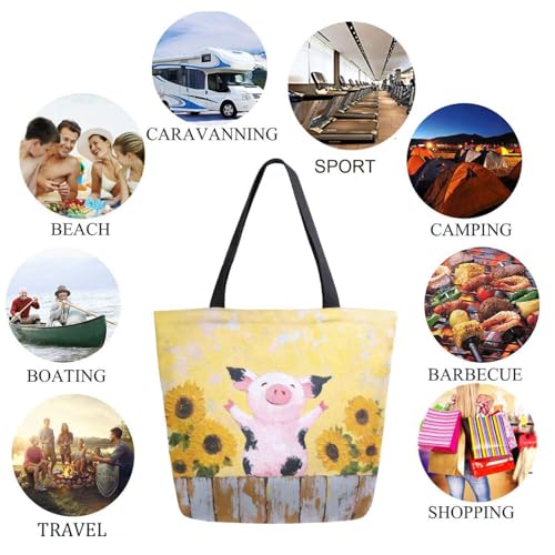 Sunflowers Field Cute Pig Painting Extra Large Canvas Gym Shoulder Tote,Durable Daily Reusable Top Handle Bag for Mens Womens Yoga Weekender Picnic Beach Travel Market Shopping4