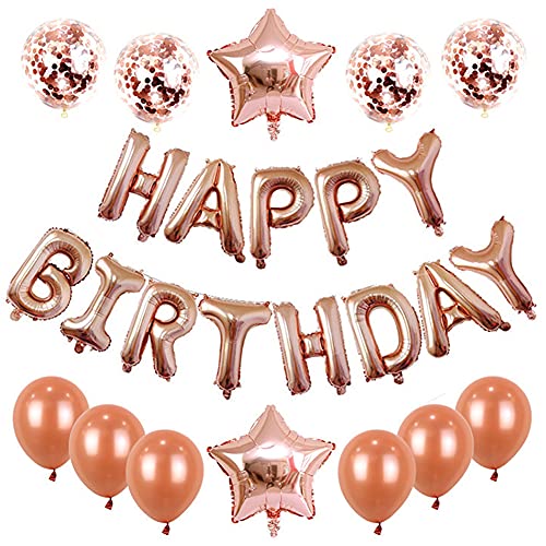Shao hua 25packs Decoración de cumpleaños en Globo Oro Rosa, Banner de cumpleaños, Globos de confeti de oro rosa, Globos de látex, Oro Rosa Feliz Cumpleaños Decoración Cover