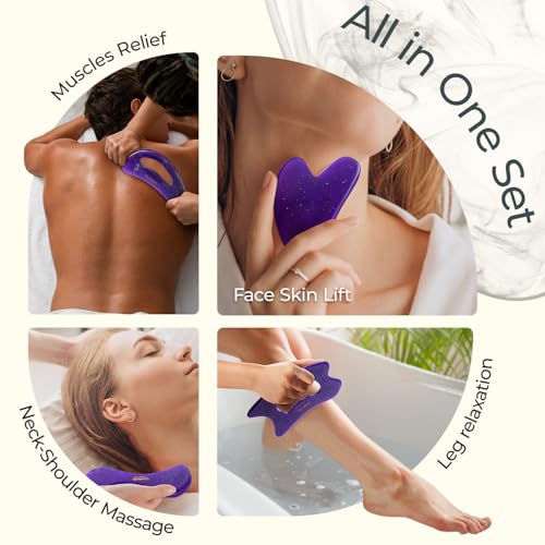 Image of Scienlodic 4 Pcs Gua Sha Massage Tools for Face & Body (Purple, Resin) - Guasha Scraping Tool for Jawline Contouring, Puffiness Reduction, Neck, Back, Legs & Muscle Relaxation