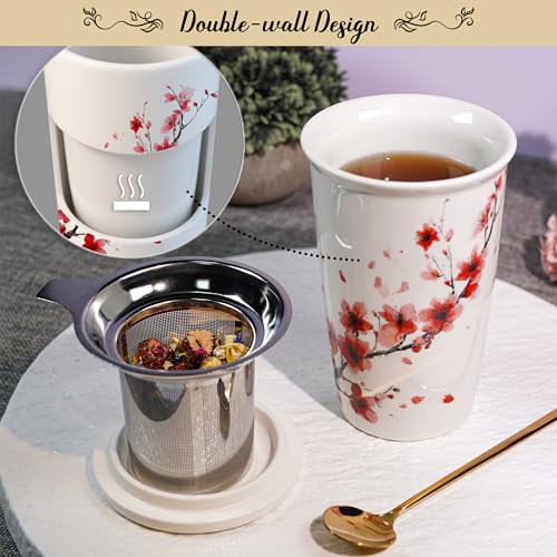 Image of Tea Gift Set for Women - 6 Herbal Loose Leaf Tea Blends, Insulated Ceramic Cup with Infuser & Lid | Birthday, Mother's Day, Anniversary & Retirement Gift for Her