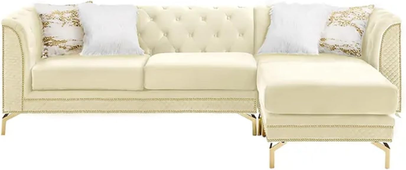 Florina 2-Piece in Beige Reversible Sectional in Velvet Fabric with Pillows