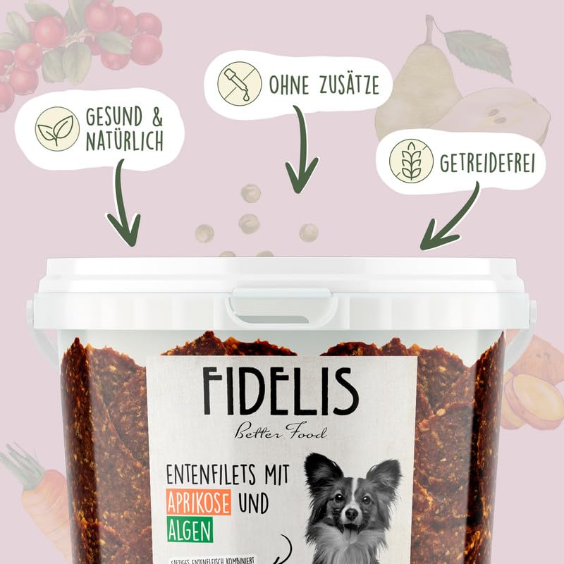 Fidelis - Entenfilets Alge & Aprikose für Hunde im praktischen 500gr-Eimer - Luftgetrocknete Hunde Leckerlis aus 100% natürlichen Rohstoffen