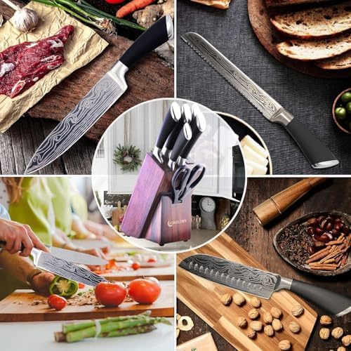 7-TLG Messerblock Set mit Holzblock, Selbstschärfend für Kochmesserset, Edelstahl Messerset Profi Küchenmesserset Gut für Zuhause, Koch, Hochzeit, Einzugsgeschenk