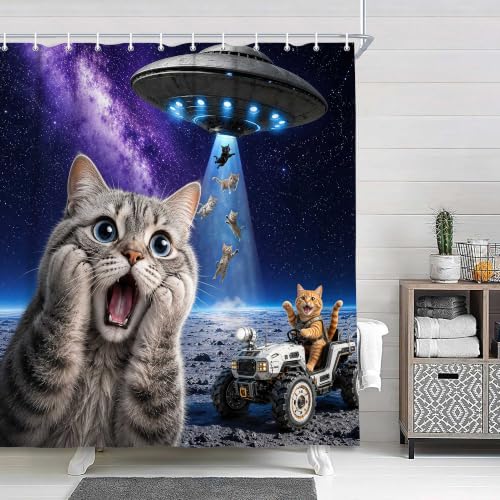 Image of Boziqr Cat Shower Curtain, Funny Cat UFO Fantasy Galaxy Shower Curtains for Bathroom Decor, Fun Cat Shower Curtain Set with 12 Hooks for Bathroom Decor Accessories Bathtub Curtain, 60 inchx72 inch