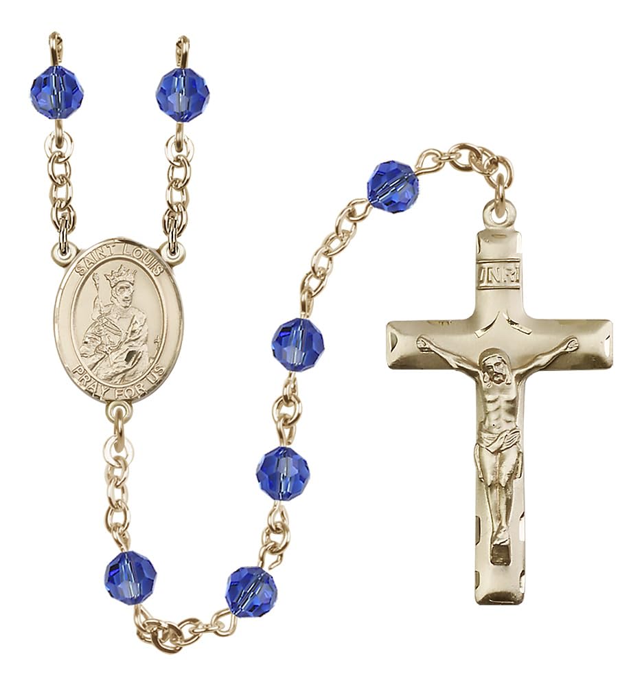Bonyak Jewelry 14k Gold 6mm Austrian Crystal Saint Louis Rosary in September Blue
