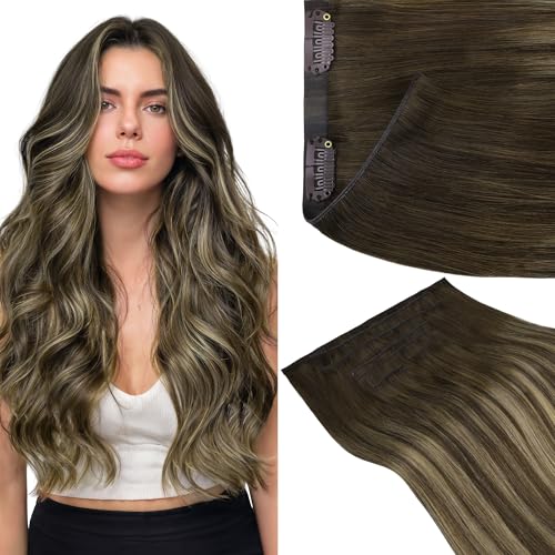GOO GOO Genius Clip in Hair Extensions, 18inch 140g 7pcs, Seamless PU Clip in Hair Extensions, Straight Virgin Real Human Hair, 4/26/4 Balayage Chocolate Brown to Honey Blonde