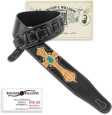 Walker & Williams CVG-22 Padded Leather Guitar Strap with Hand Tooled Christian Gold Cross