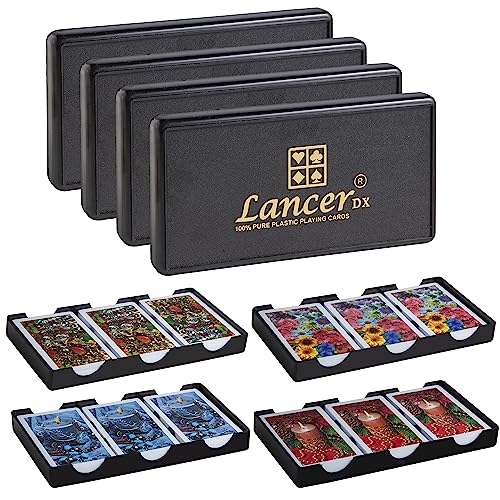 Image of LANCER DX Plastic Playing Cards (Set of 12), Bridge Size, Multicolor Cards Packed in Three Piece PVC Containers, Cards for All Ages Used for Card Games, Poker and Rummy