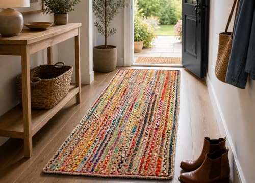 Image of Handmade Natural Jute Runner Rug for Hallway Living Room Kitchen Bedroom Floor Carpet (Beige + Chindi, 2x6)
