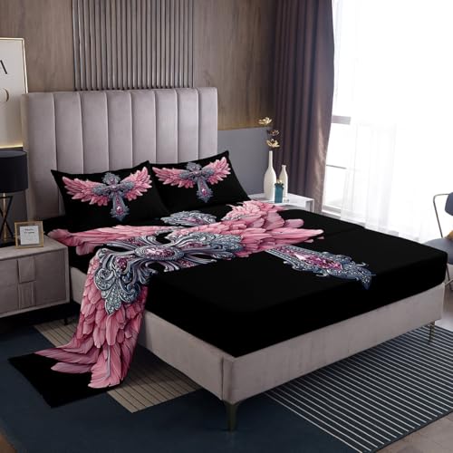 Manfei Sliver Cross Fitted Sheet King Size 4 Pcs,Angel Wings Dreamy Princess Style Teens Sheets,Pink Shining Diamond Gothic Black Bedding Sets (1 Fitted,1 Flat,2 Pillowcases)