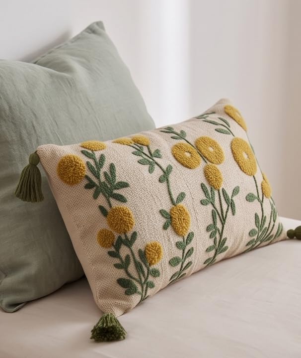 Image of Furnistitchs Boho Rectangle Cushion Cover 12x20 inches | Handmade Decorative Throw Pillow Case | Bohemian Home Decor Sofa Bed Cushion Cover Living Room Bedroom (2, Mustard Seeds, 12x20 inches)