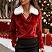 Women Faux Fur Christmas Sweater White Faux Fur Trim V Neck Xmas Sweatshirts Loose Holiday Festival Collared Pullover Furry Sherpa Funny Merry Christmas Dressy Tops，Womens Christmas Tops with Collar