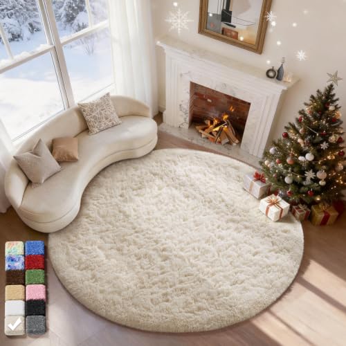 Ophanie Round Washable Rugs 5Ft Ivory Circle Area Rug,Baby Nursery Living Room Bedroom Decor Circular Carpet 5 Foot,Fluffy Fuzzy Shag Plush Cream for Kids Boys Girls Teen with Over 99 pcs Pile fibers