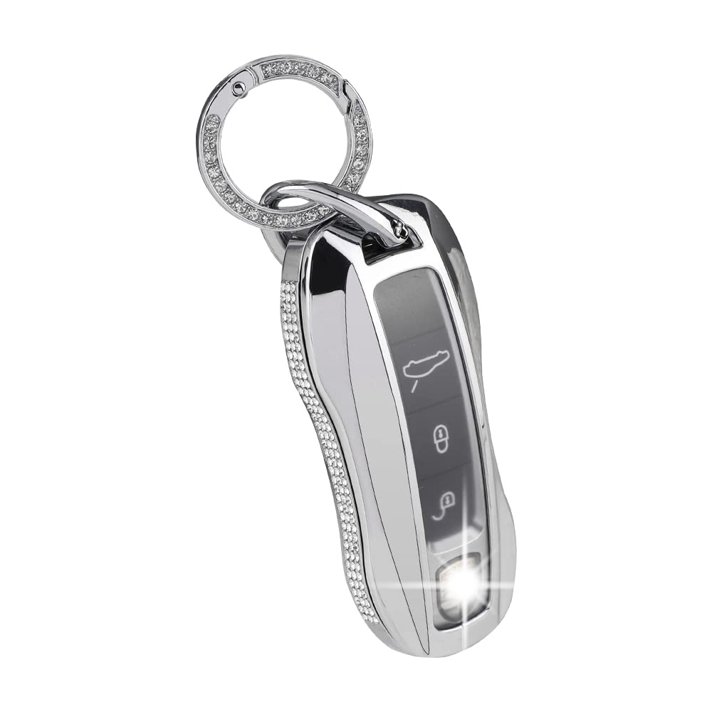 PIFOOG Accessories for Porsche 911 Cayenne Taycan Panamera Bling Key Fob Cover Smart Remote Key Shell Case Protective Crystal Zinc Alloy Silver 1 PC