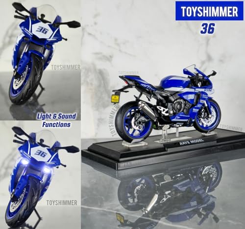 Image of die cast Yamaha R1M 36 Model Toy Metal Bike 1:12 Scale Realistic Alloy Metal with Light and Engine Sound Motorcycle Toy, Best Gift for Boys Men Kids Children (Blue Color)