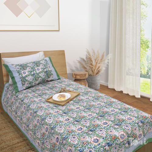 Image of TOAI Hand Block Printed Bedsheet | Bed Sheet Flatsheet| Pure Cotton | Single Bed Size 60 inchx90 inch | 300 TC Long Staple Cotton | 1 Reversible Pillow Cover |Messy Garden