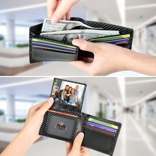 VATAN Wallet for Men Slim RFID Blocking Leather Credit Card Holder Wallet for 15 Cards, Bifold Minimalist Thin Wallet with 2 ID Windows & Cash Slot, with Gift Box (Carbon Fiber Black) - View 5